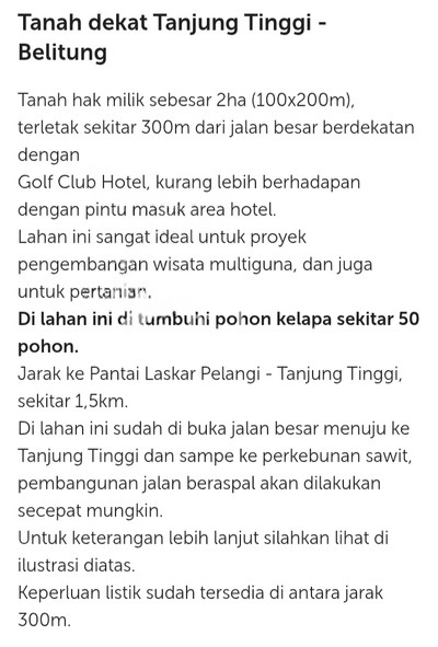 Tanah Komersial Dijual di Sijuk, Kab. Belitung, LT 40000m²